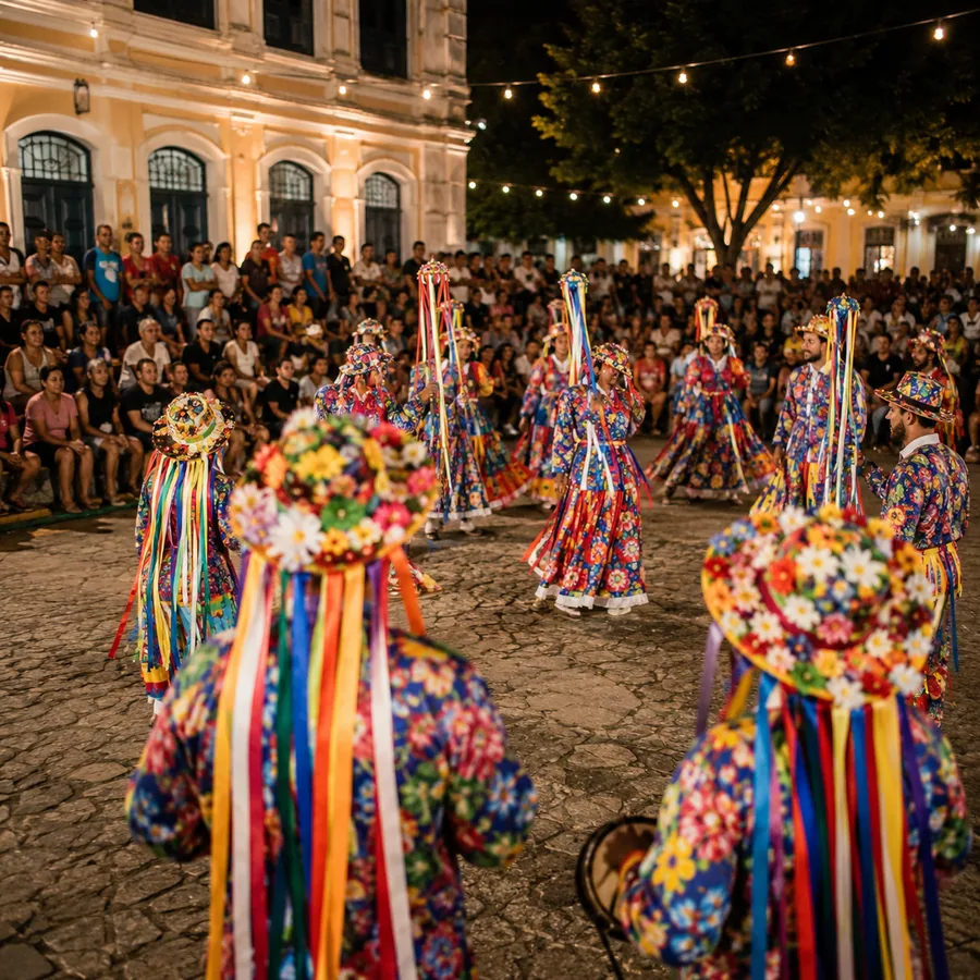 Artistas com figurinos coloridos se apresentam para o público em uma manifestação cultural popular.