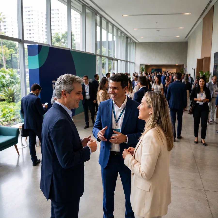 Profissionais conversam durante um congresso com outros participantes ao fundo.