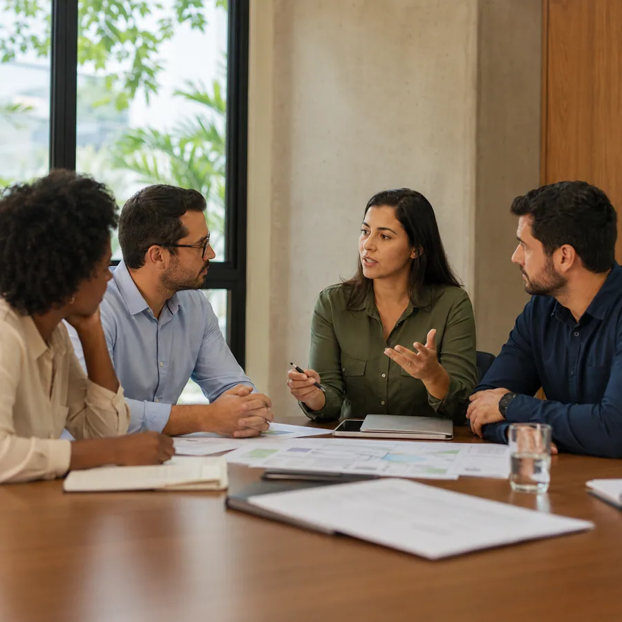 Equipe participa de uma reunião técnica de planejamento em ambiente institucional.