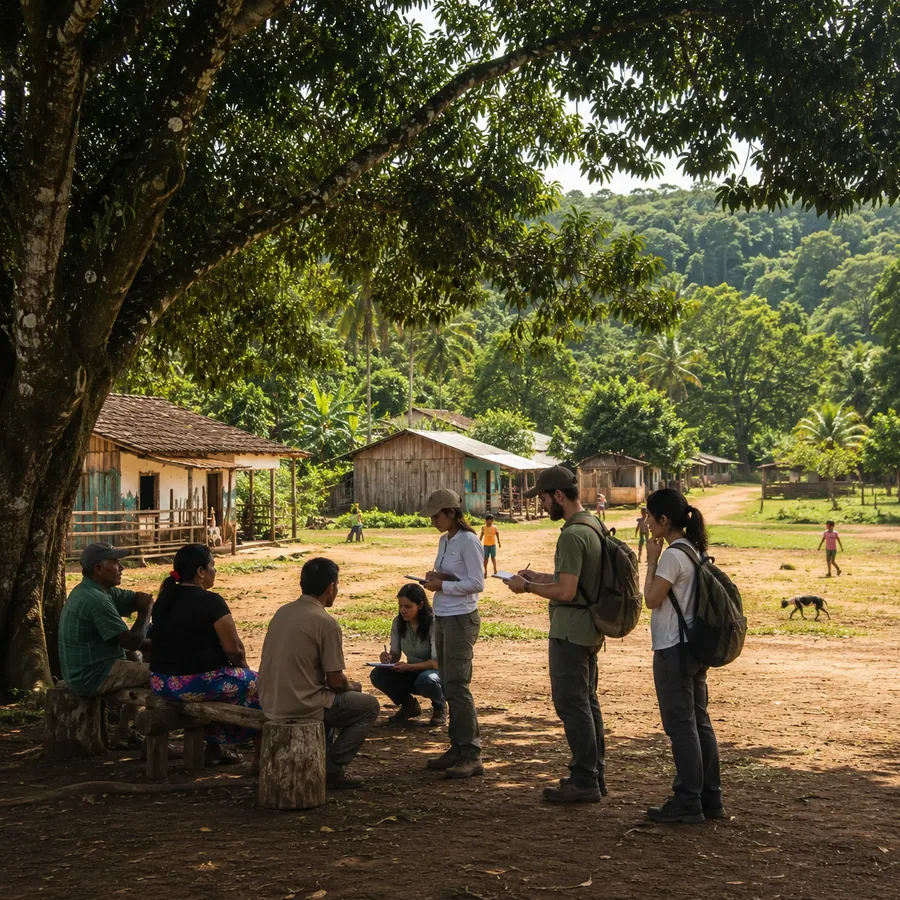 Equipe de campo conversa com moradores e registra observações em uma comunidade.
