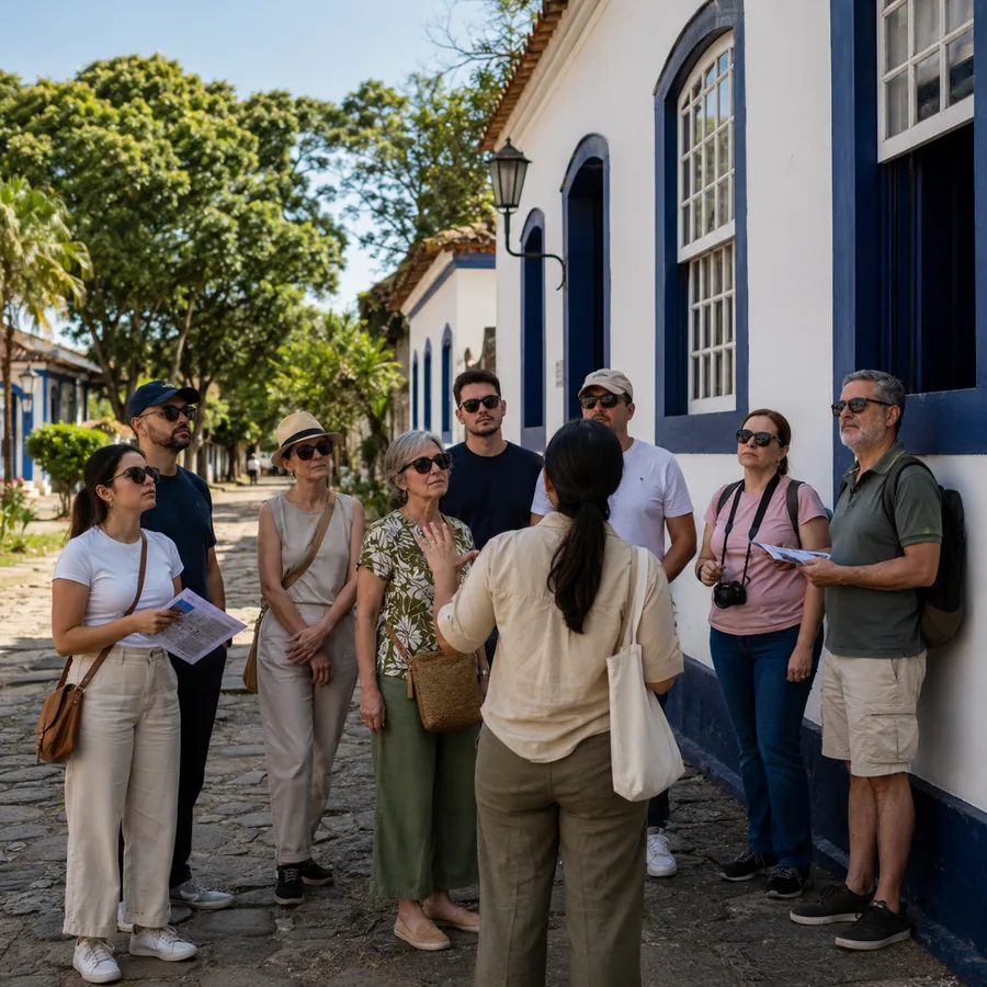 Guia orienta um grupo de visitantes diante de construções históricas.